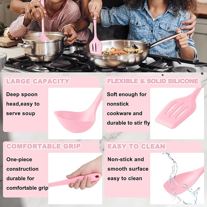 E-far Pink Silicone Cooking Utensils Set, 10-Piece Kitchen Utensil Set - Image 4