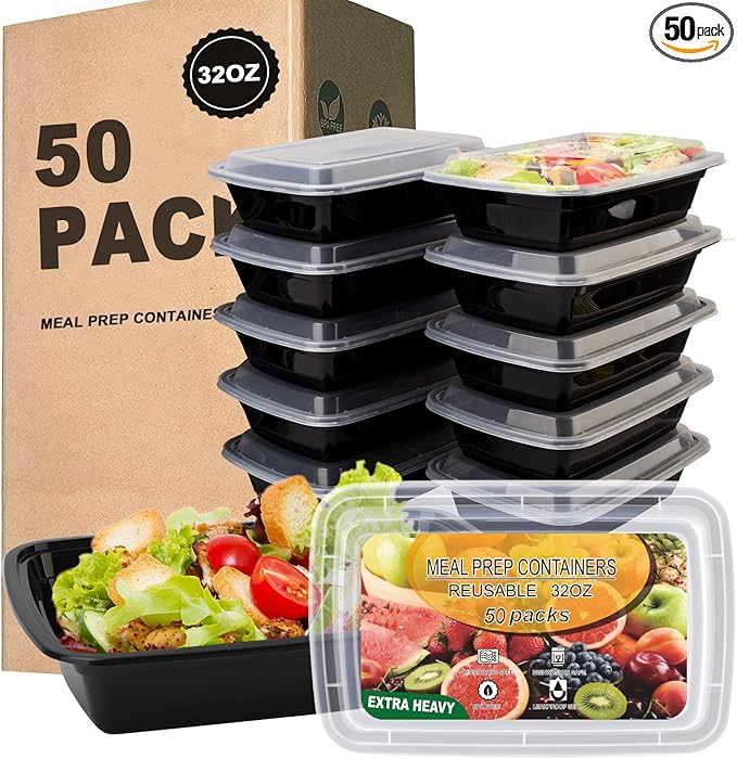 Ezalia 50 Pack- Meal Prep Containers 32oz, Plastic Food Prep Containers Reusable by Ezalia