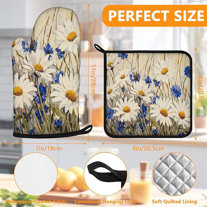 Daisy Flowers Oven Mitts and Pot Holders Sets 4Pcs, Extra Long Oven Gloves - Image 2