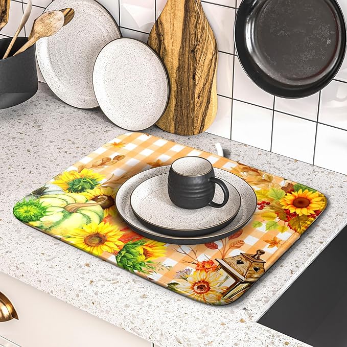 Autumn Maple Leaf Orange White Check Plaids Dish Drying Mat - Image 5