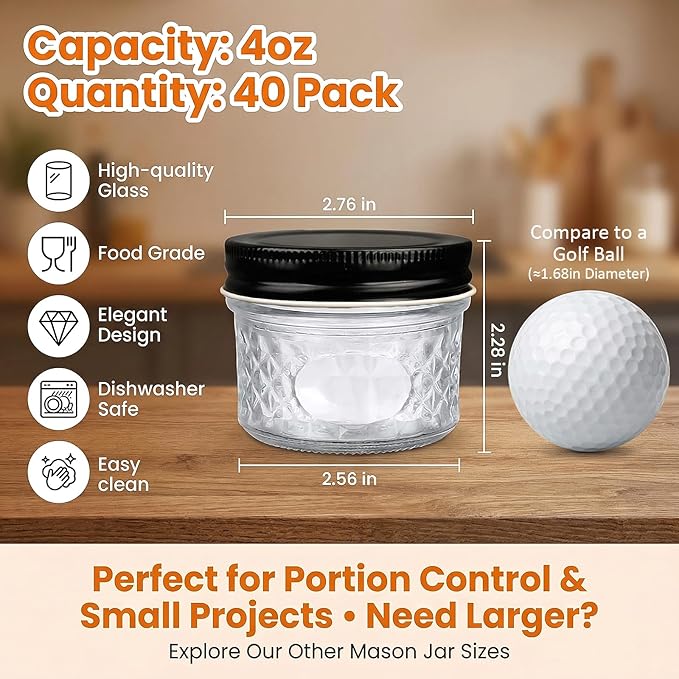 4 oz Glass Jars With Lids, 40 Pack Small Clear Mason Jars and Diamond appearance - Image 2