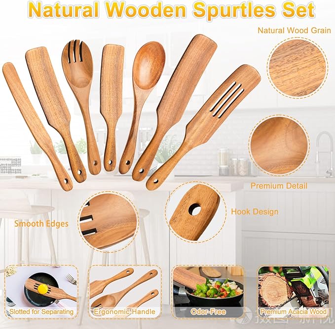 Spurtles Kitchen Tools Wooden, Natural Premium Spatula Set, Heat Resistant - Image 3