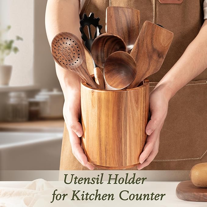 Criusia Utensil Holder 2 Pack, 360° Rotating Acacia Wood Cooking Utensil Crocks - Image 9
