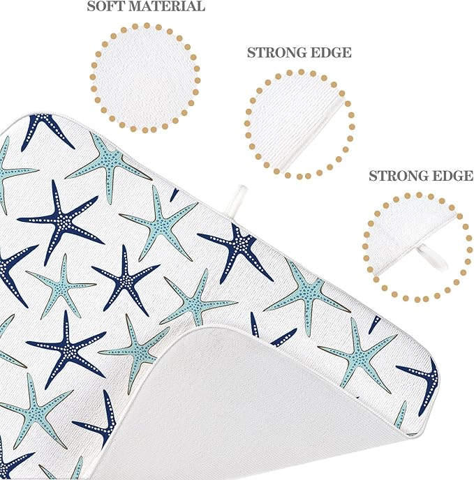 Coastal Dish Drying Mat 18x24 Inch Summer Navy Blue Teal Turquoise Starfish - Image 3