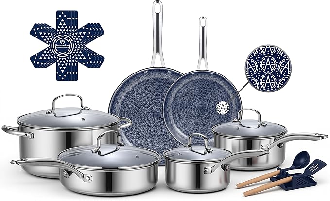 Ammeloo Hybrid Stainless Steel Cookware Set, 17-Piece Tri-Ply Pots and Pans Set by Unknown