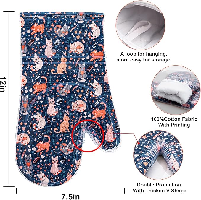 Oven Mitts Set of 2 with Transparent Clear Silicone Shell and Nice cat Printing - Image 2