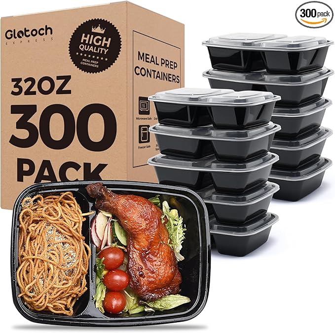 Glotoch Express 300 Pack 32oz Black 2 Compartment Square Meal Prep Containers by GlotochExpress