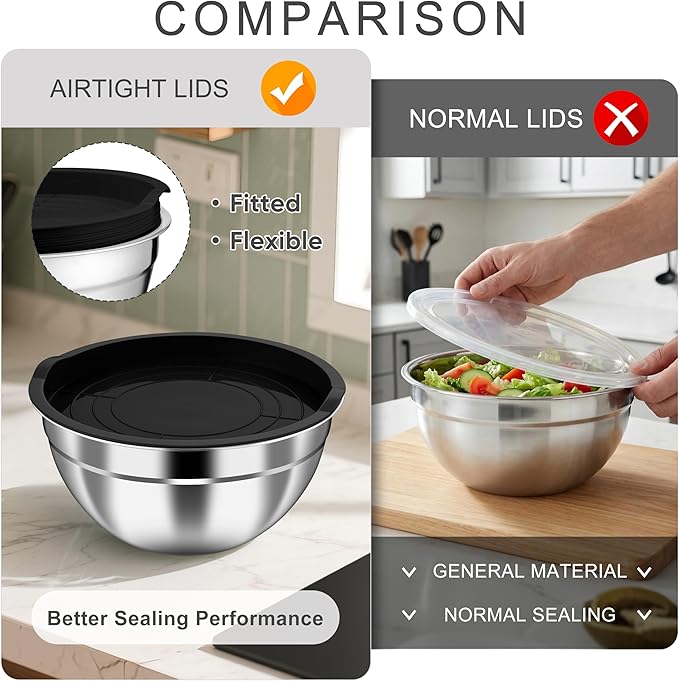 HaWare Mixing Bowls with Airtight Lids, 6-Piece Stainless Steel Salad Bowls - Image 5