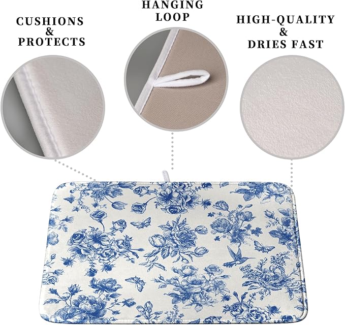 Dish Drying Mat for Kitchen Counter Blue and White Floral Drying Mats - Image 3