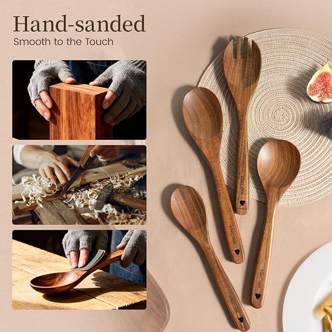 Kikcoin 10 PCS Durable Natural Teak Wooden Cooking Utensil Set, Non Toxic - Image 7