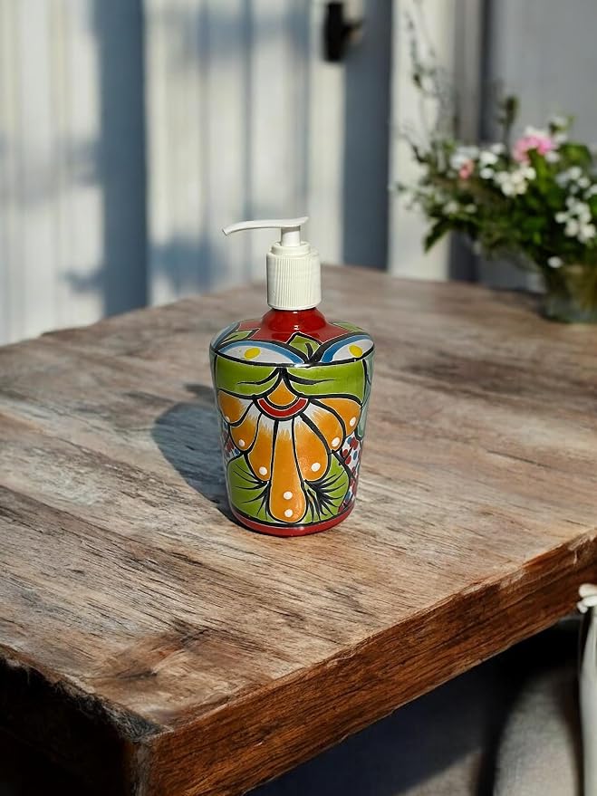 Talavera Soap Dispenser – Hand-Painted Mexican Pottery, Vibrant Ceramic Bathroom & Kitchen Decor (Large)