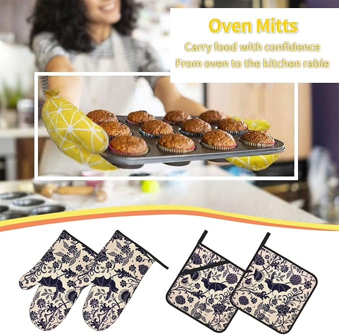 Bats and Flower Oven Mitts and Pot Holders Sets of 4, Resistant Hot Pads - Image 6