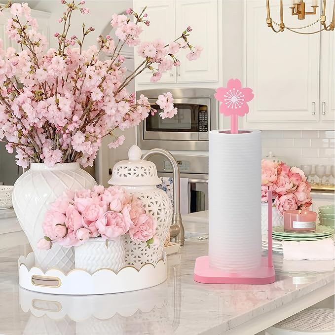 Leinuosen Pink Cherry Blossoms Paper Towel Holder Cute Bow Wooden Paper Towel - Image 5
