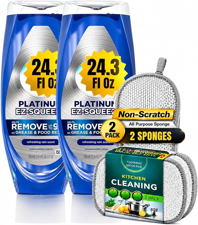 R&C Store Essentials Home Dish Soap Cleaning Bundle Kit, Includes 24.3 oz Liquid Dish Soap (2 Pack) Compatible with Dawn Platinum EZ Squeeze, 2 Dual-Sided Scrubbing Sponges, Kitchen Cleaning Set