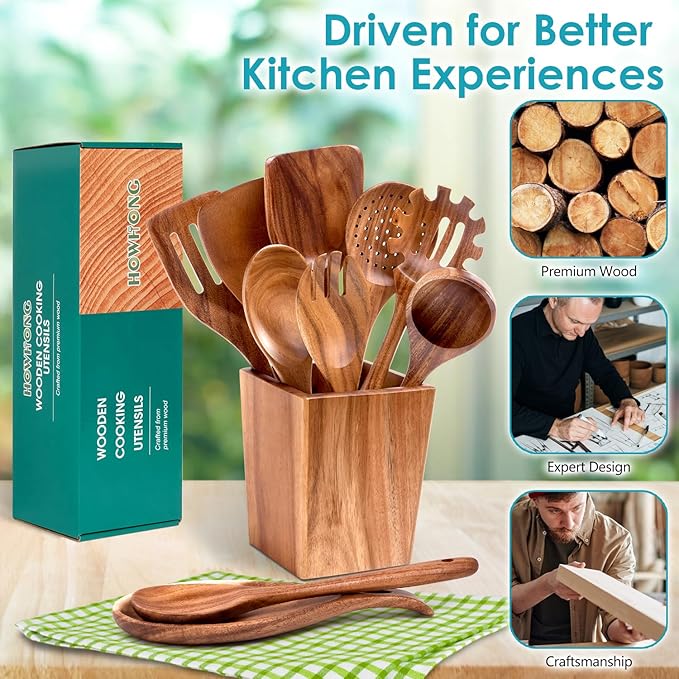HOWHONG Wooden Spoons for Cooking, Premium Acacia Wood Kitchen Utensil Set - Image 6