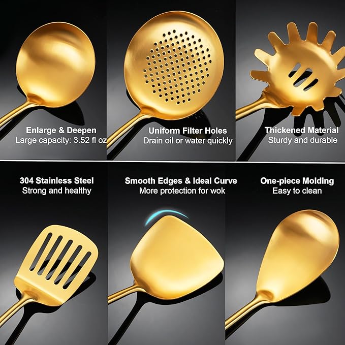 Gold Kitchen Utensils Set, Solid and Slotted Spoon, Slotted Tunner, Spaghetti - Image 3
