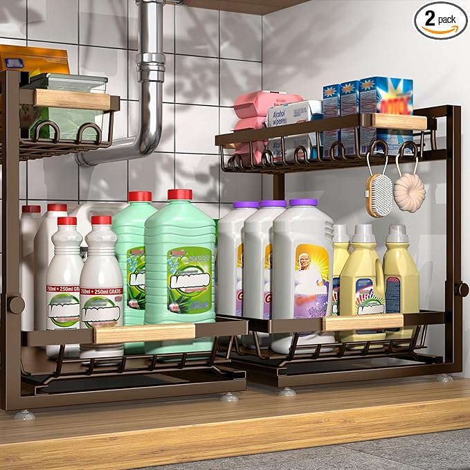 Sevenblue 2 Packs Under Sink Organizer, Height Adjustable 2 Tier Under Kitchen by Sevenblue
