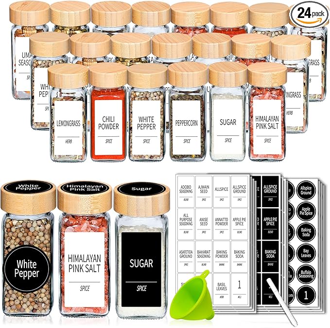 Churboro 24 Spice Jars with Labels & Bamboo Lids - 4 Oz Glass Containers with by Churboro