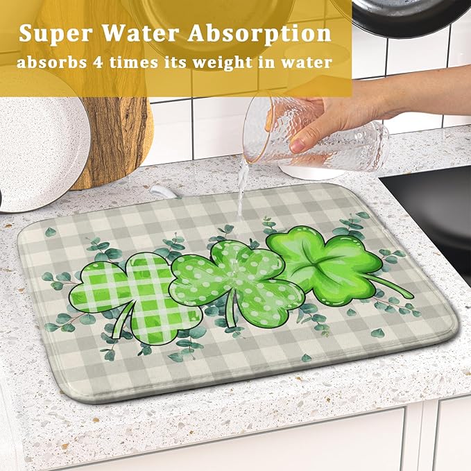 Giwawa Patrick Dish Drying Mat for Kitchen Green Clovers Grey Buffalo Plaids - Image 7