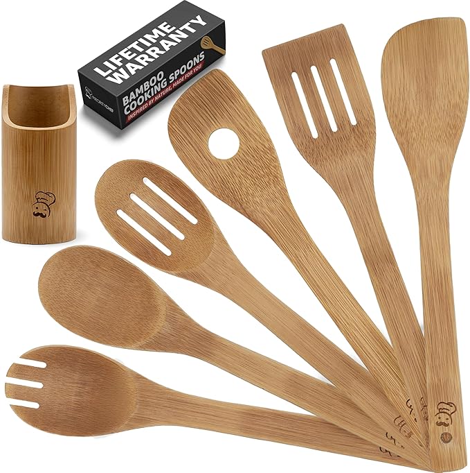 PriorityChef Wooden Spoons for Cooking, Non Scratch Bamboo Cooking Utensils by PriorityChef