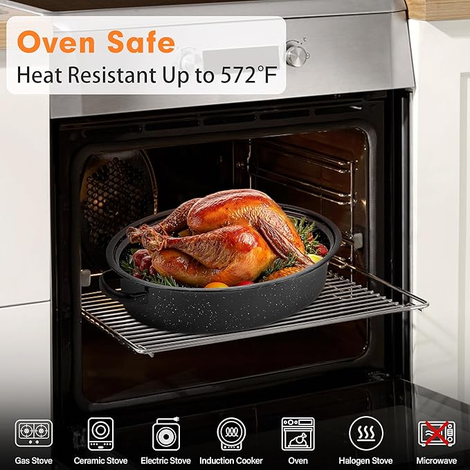 15” Roaster Pan with Lid and Rack, Small Enamel Roaster Pan with Oval Roasting - Image 4