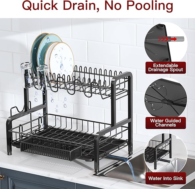 2 Tier Black Dish Drainer Drying Rack - Image 4