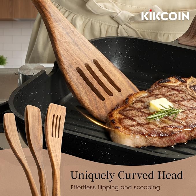 Kikcoin 7 PCS Durable Natural Teak Wooden Cooking Utensils Set, Non Toxic - Image 5