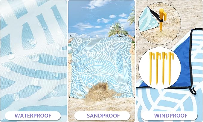 WIWIGO Beach Blanket Waterproof Sandproof Beach Mat 79" X 83"/10'x9'for 2-8 - Image 3
