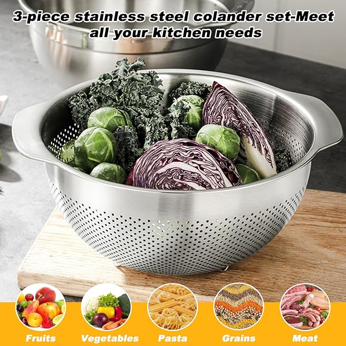 3 Pcs Stainless Steel Colander Strainer Set Metal Colander - Image 3