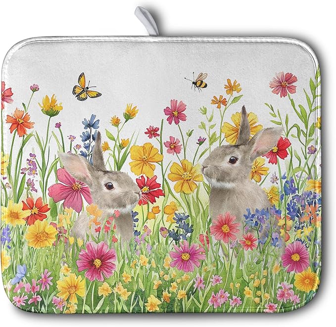 Easter Dish Drying Mat for Kitchen Counter Easter Bunny Flowers Dish Drying Pad by Kwlegh
