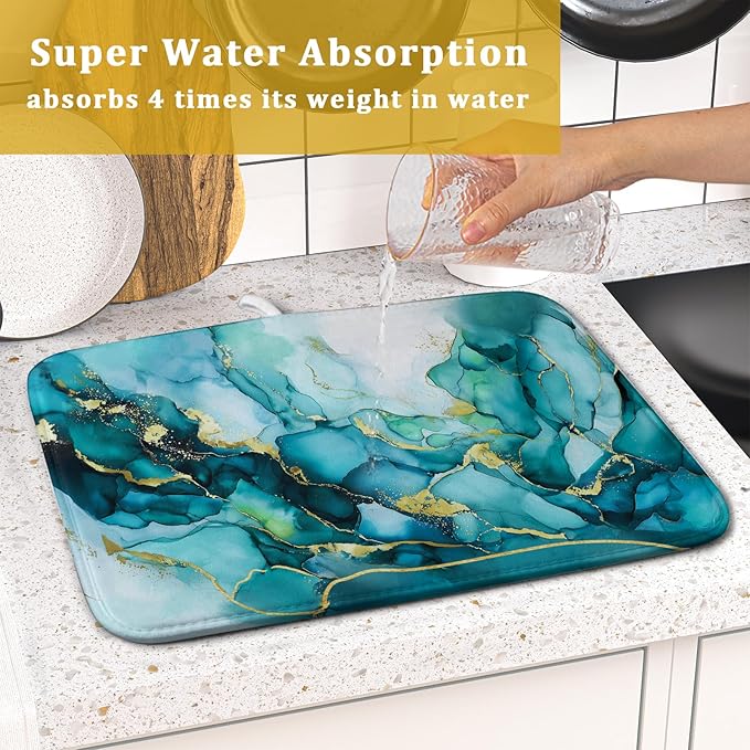 Giwawa Teal Marble Dish Drying Mat Turquoise Blue Marbling Print Dish Drainer - Image 7