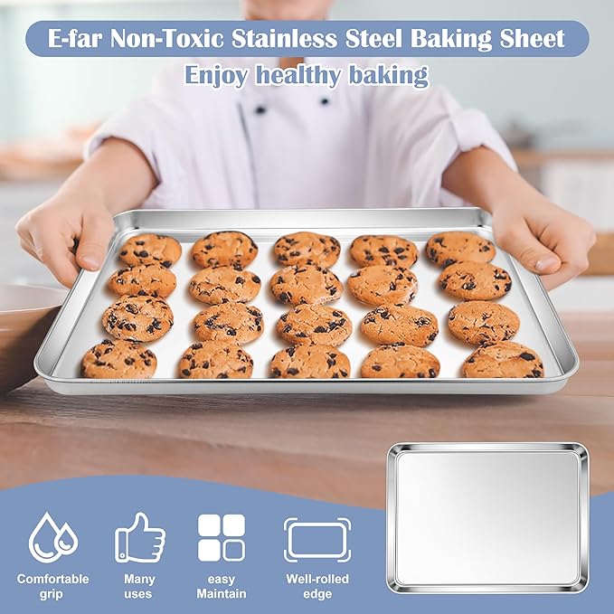 E-far Stainless Steel Baking Sheets, 12.4” x9.7” x 1” Baking Cookie Sheets Pans - Image 4