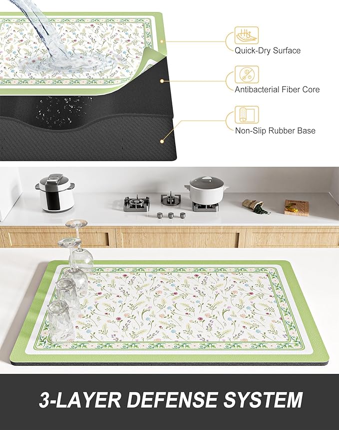 Rnivvi Dish Drying Mat for Kitchen Counter, XL 15 x 24" Cute Flower Theme - Image 4