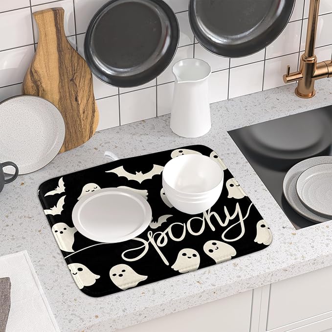 Halloween Dish Drying Mat for Kitchen Counter 16x18 Cute Ghost Black Spooky - Image 6