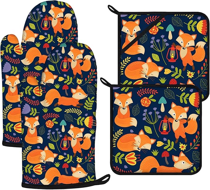 Cute Fox Oven Mitts and Pot Holders Sets 4Pcs, Extra Long Oven Gloves Potholder by VisittheDuibelproduct