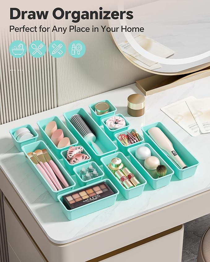 Canfanni 13 Pack Plastic Drawer Organizers Set, 3 Sizes Desk Drawer Organizer - Image 6