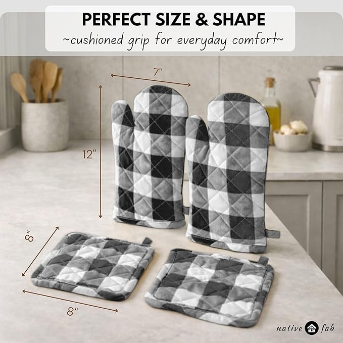 Native Fab Buffalo Plaid Check Oven Mitts and Pot Holders Set of 4, 100% Cotton - Image 8