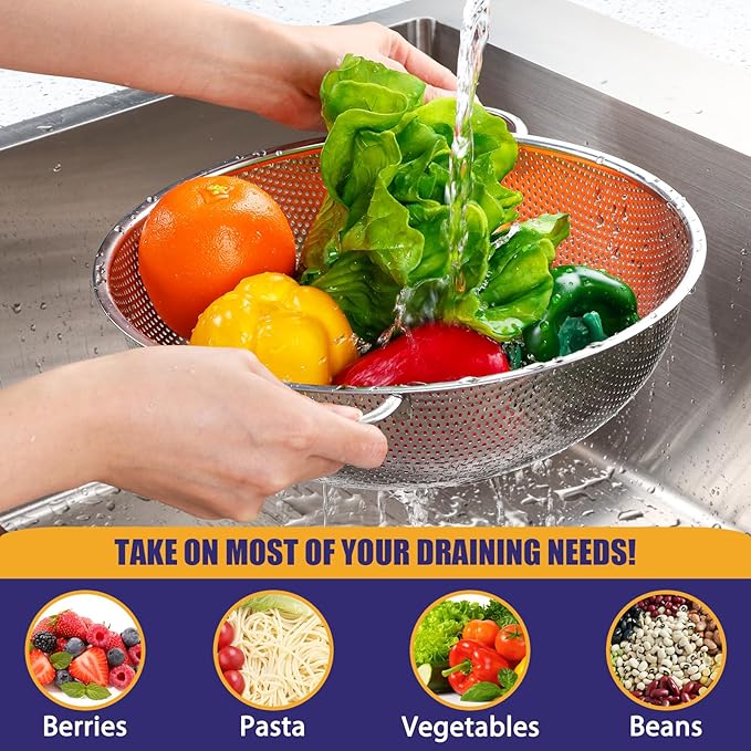 E-far Stainless Steel Colander, 3-Quart Micro-Perforated Metal Colander Strainer - Image 3