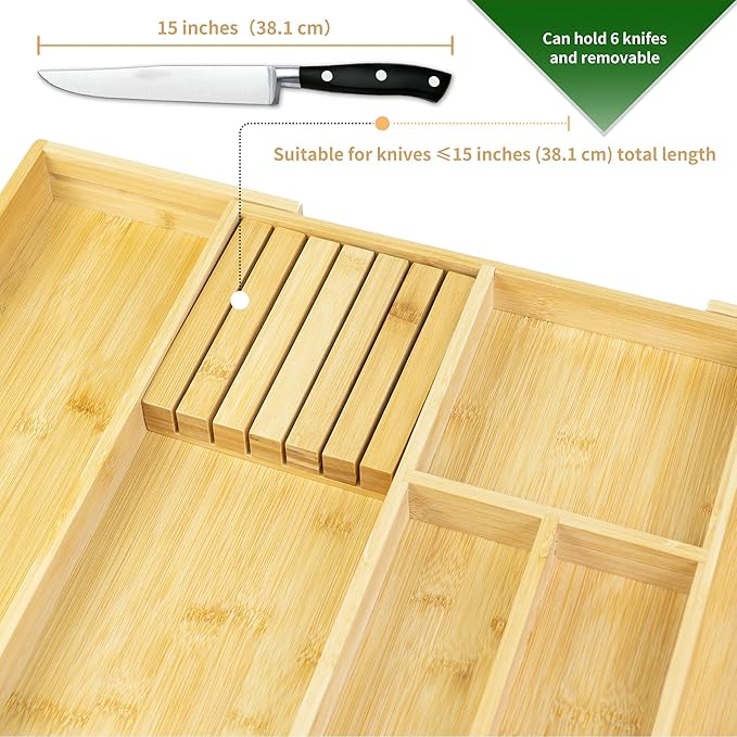 VaeFae Bamboo Kitchen Drawer Organizer, Utensil Tray - Image 4
