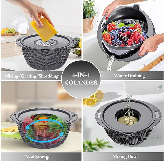 4-in-1 Colander with Bowl Set – Food Strainers and Colanders - Image 7