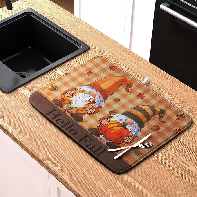 Hello Fall Autumn Gnomes Dish Drying Mat 18x24 Thanksgiving Pumpkin Maple - Image 6