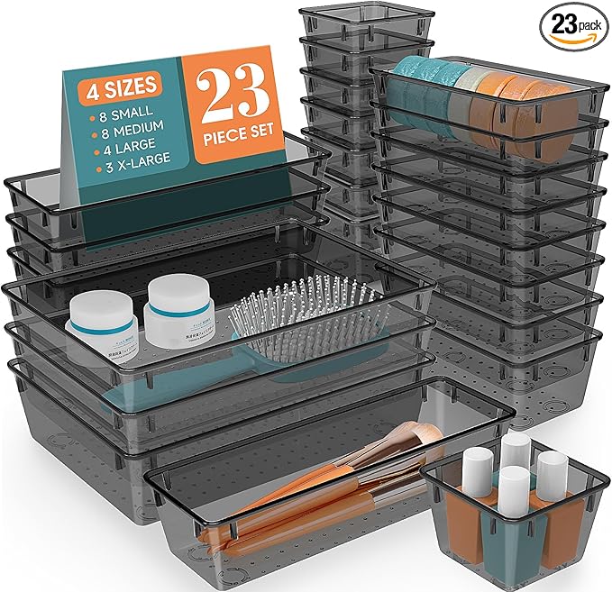StorMiracle 23 PCS Clear Plastic Drawer Organizers Set, 4 Size Desk Drawer by StorMiracle