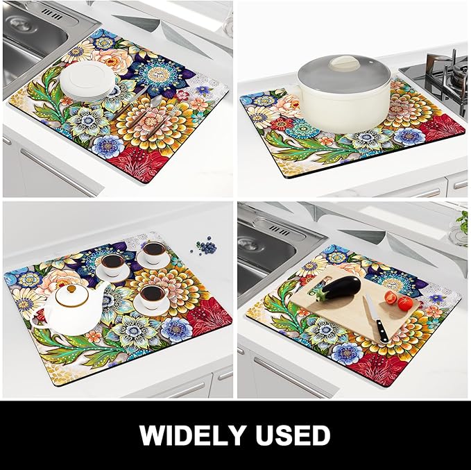 Rnivvi Dish Drying Mat for Kitchen Counter, 16 x 18" Cute Flower Theme - Image 7