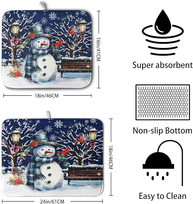 Winter Snowman Dish Drying Mat for Kitchen Counter 16x18, Xmas Snowflakes Dish - Image 2