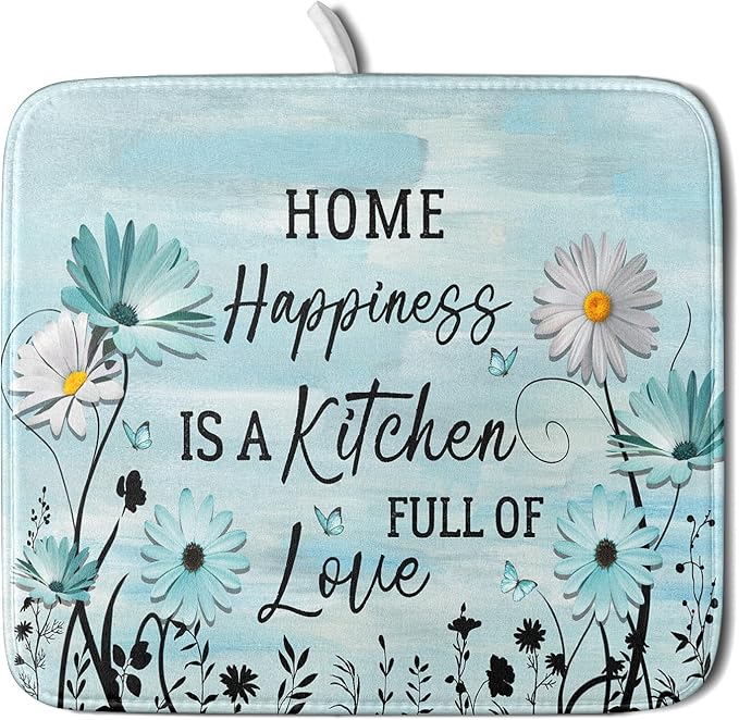 Blue Daisy Dish Drying Mat 16x18 Inch Love Kitchen Absorbent Microfiber by Giwawa