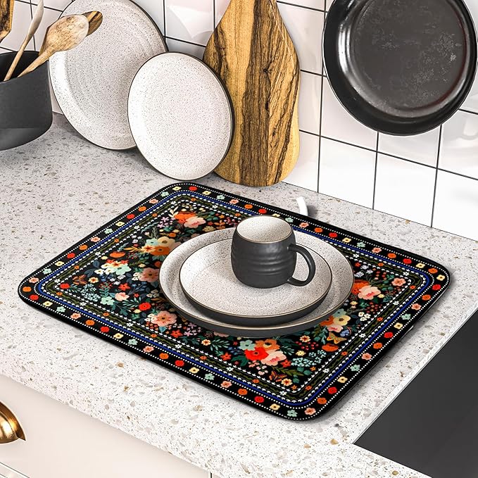 Black Flowers Dish Drying Pad Boho Floral Washable Microfiber Kitchen Mat - Image 5