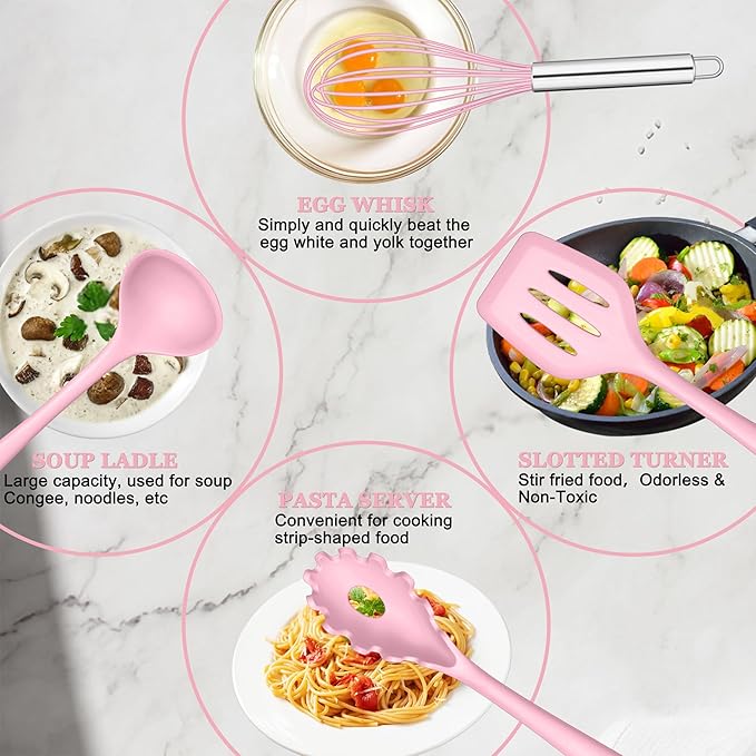 E-far Pink Silicone Cooking Utensils Set, 10-Piece Kitchen Utensil Set - Image 3