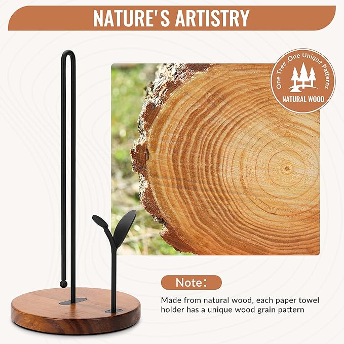 Wood Paper Towel Holder Countertop, Leaf-Shaped Accent Iron Rods - Image 4