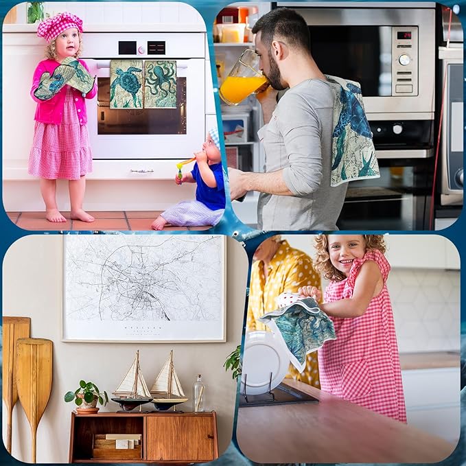 6 Pcs Sea Ocean Beach Kitchen Towels Pot Holders and Oven Mitts Set Coastal - Image 5