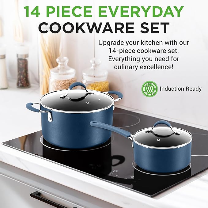 NutriChef 14-Piece Navy Blue Nonstick Cookware Set - Image 2